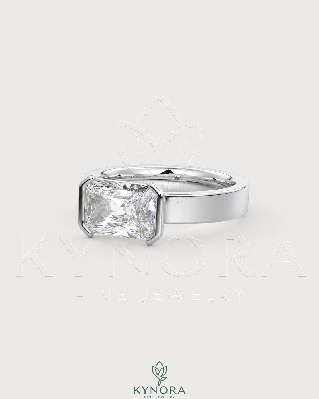 Moissanite radiant cut solitaire engagement ring with wide band in sterling silver by Kynora Jewels.