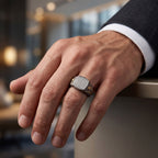 Men's cushion pave moissanite signet ring in 10k gold and titanium with detailed gemstone setting, by Kynora Jewels.