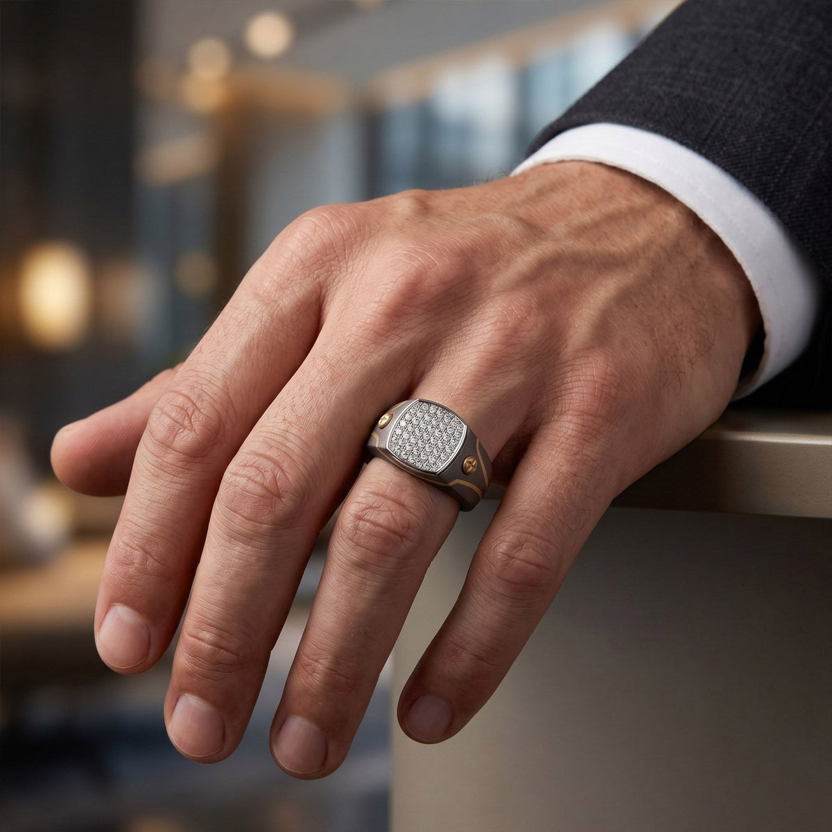 Men's cushion pave moissanite signet ring in 10k gold and titanium with detailed gemstone setting, by Kynora Jewels.