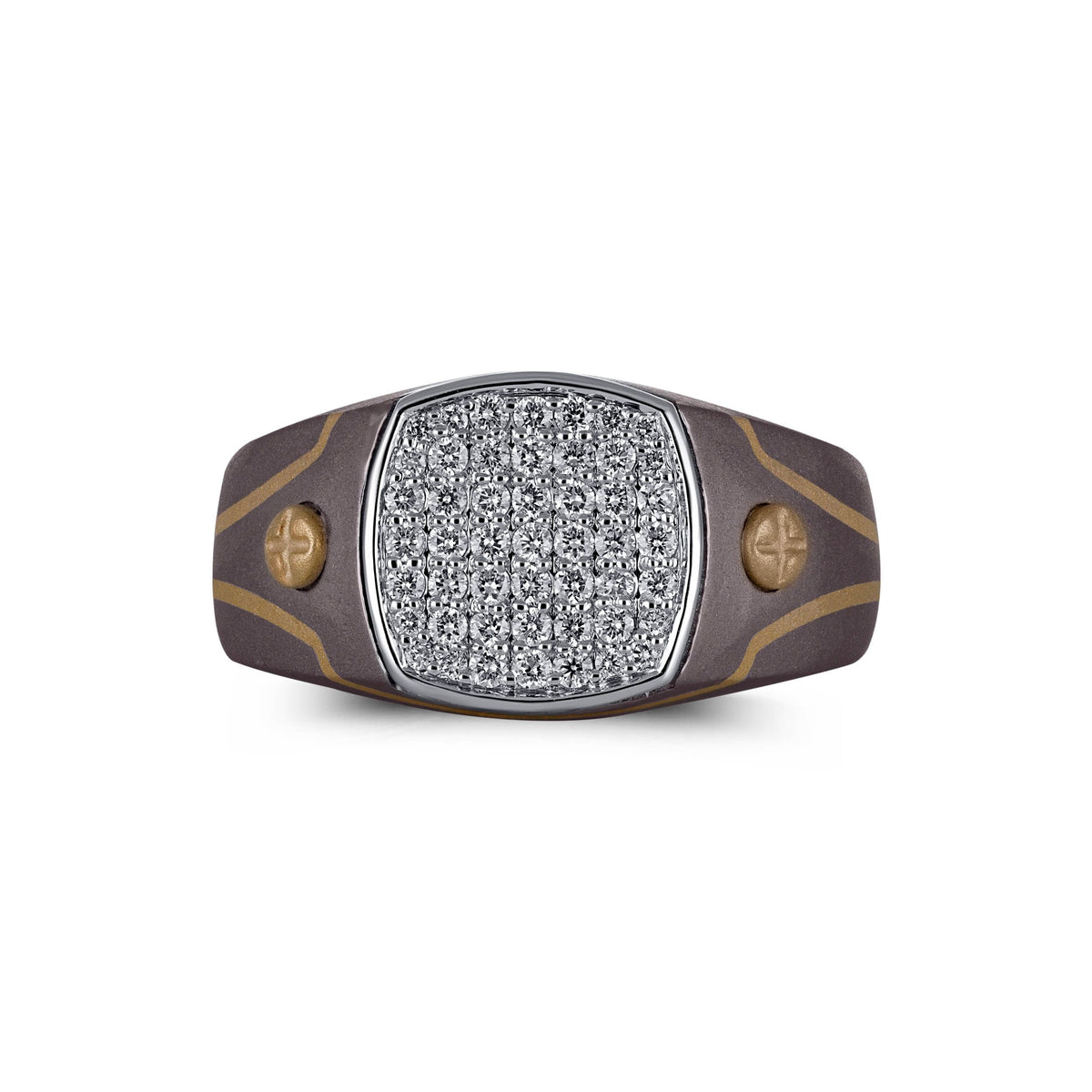 Men's cushion pave moissanite signet ring in 10k gold and titanium with intricate detailing, showcasing the elegant jewelry design. Main image
