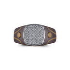 Men's cushion pave moissanite signet ring in 10k gold and titanium with intricate detailing, showcasing the elegant jewelry design.