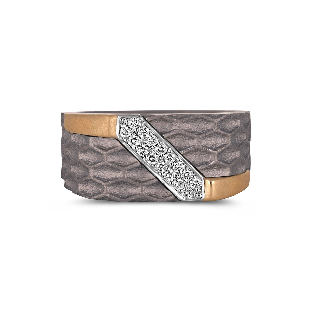 Men's titanium ring with diagonal pave moissanite stones and hammered 10k gold accents, by Kynora Jewels.