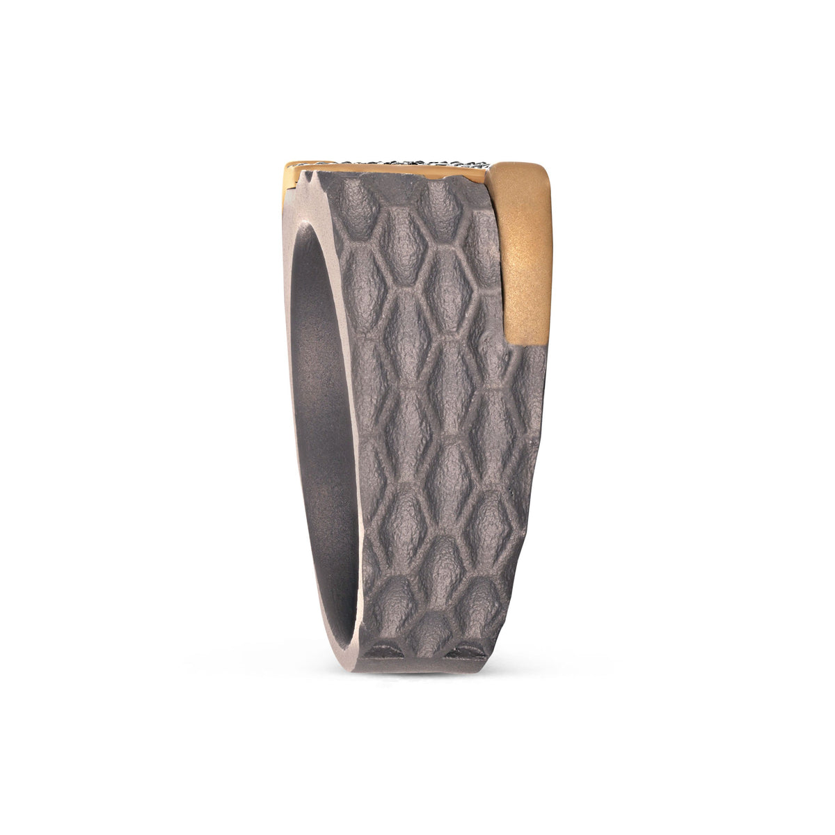 Men's titanium ring with diagonal pave moissanite and hammered 10k gold detail, showcasing a stylish and modern jewelry design.