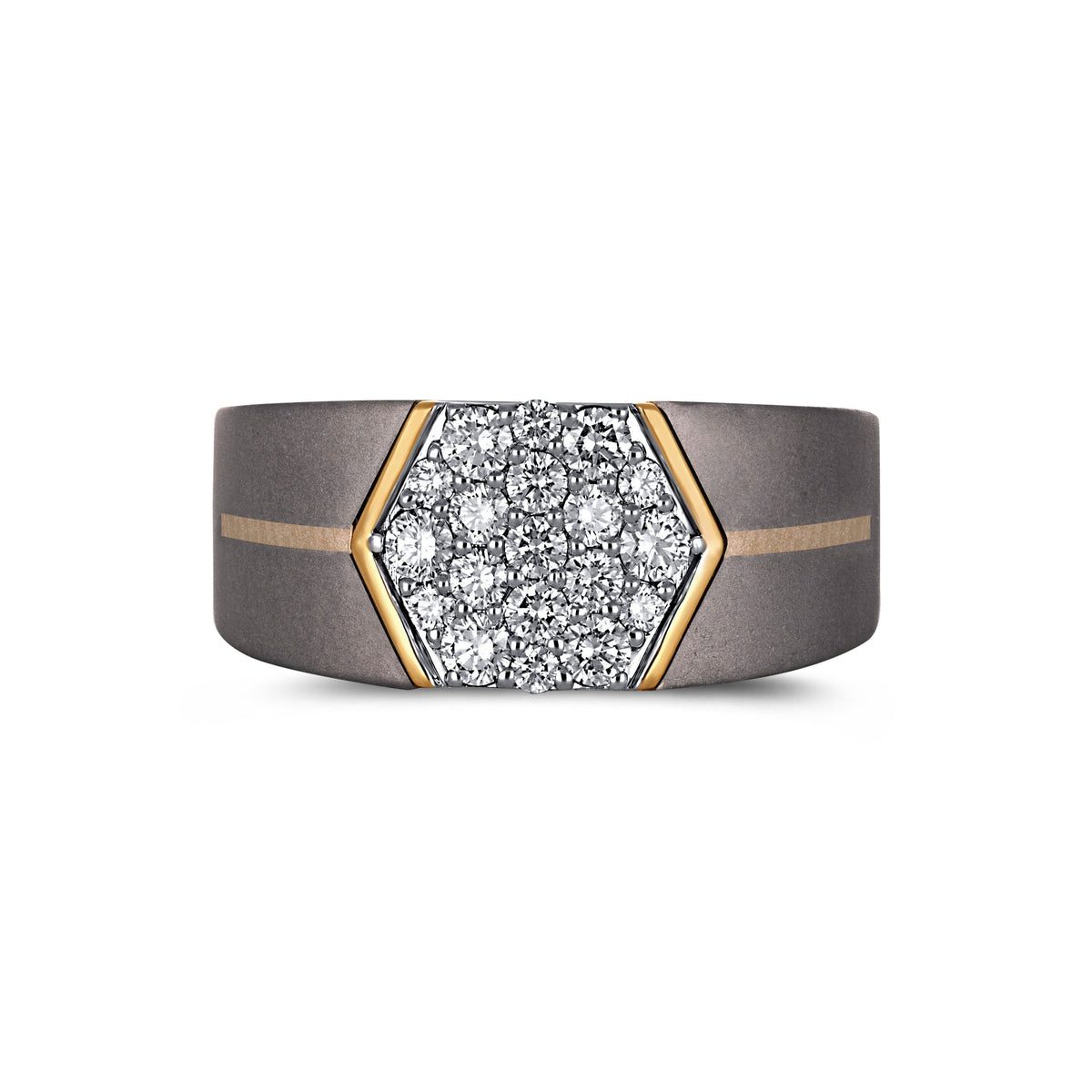 Men's titanium ring with a hexagon cluster moissanite design in 10k yellow gold, featuring a modern, elegant style from Kynora Jewels. Main image