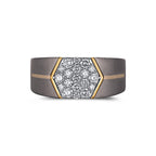 Men's titanium ring with a hexagon cluster moissanite design in 10k yellow gold, featuring a modern, elegant style from Kynora Jewels.