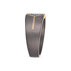 Men's titanium ring with hexagon cluster moissanite stones and yellow gold accents, showcasing a sleek, modern design.