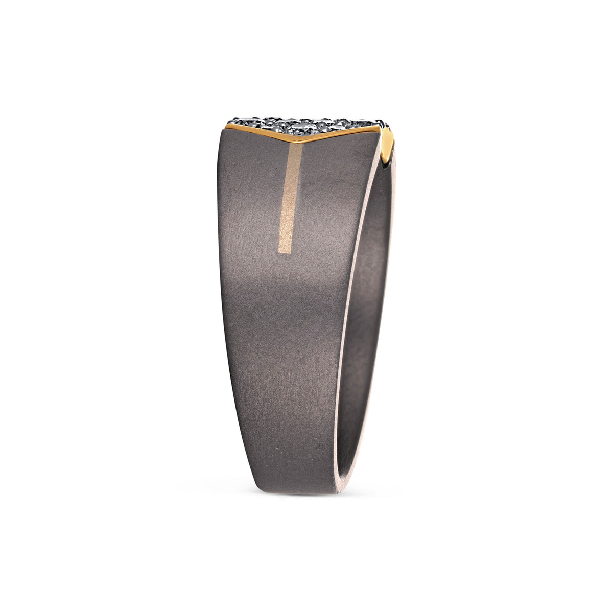 Men's titanium ring with hexagon cluster moissanite stones and yellow gold accents, showcasing a sleek, modern design.