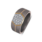Kynora Jewels men's titanium ring featuring a hexagon cluster moissanite gemstone set in 10k yellow gold.