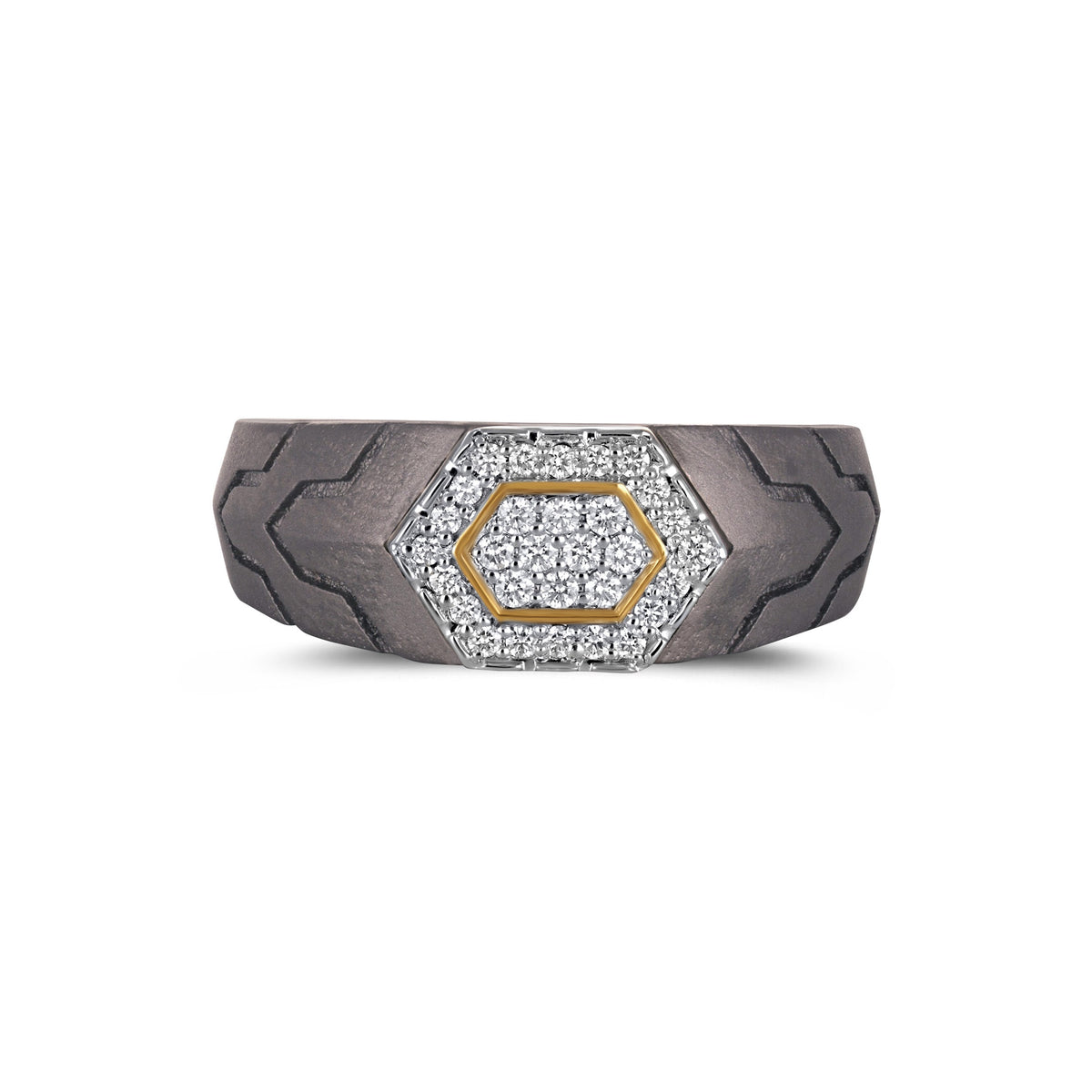 Men's gold and titanium hexagon pave moissanite geometric ring featuring intricate design and sparkling stones by Kynora Jewels