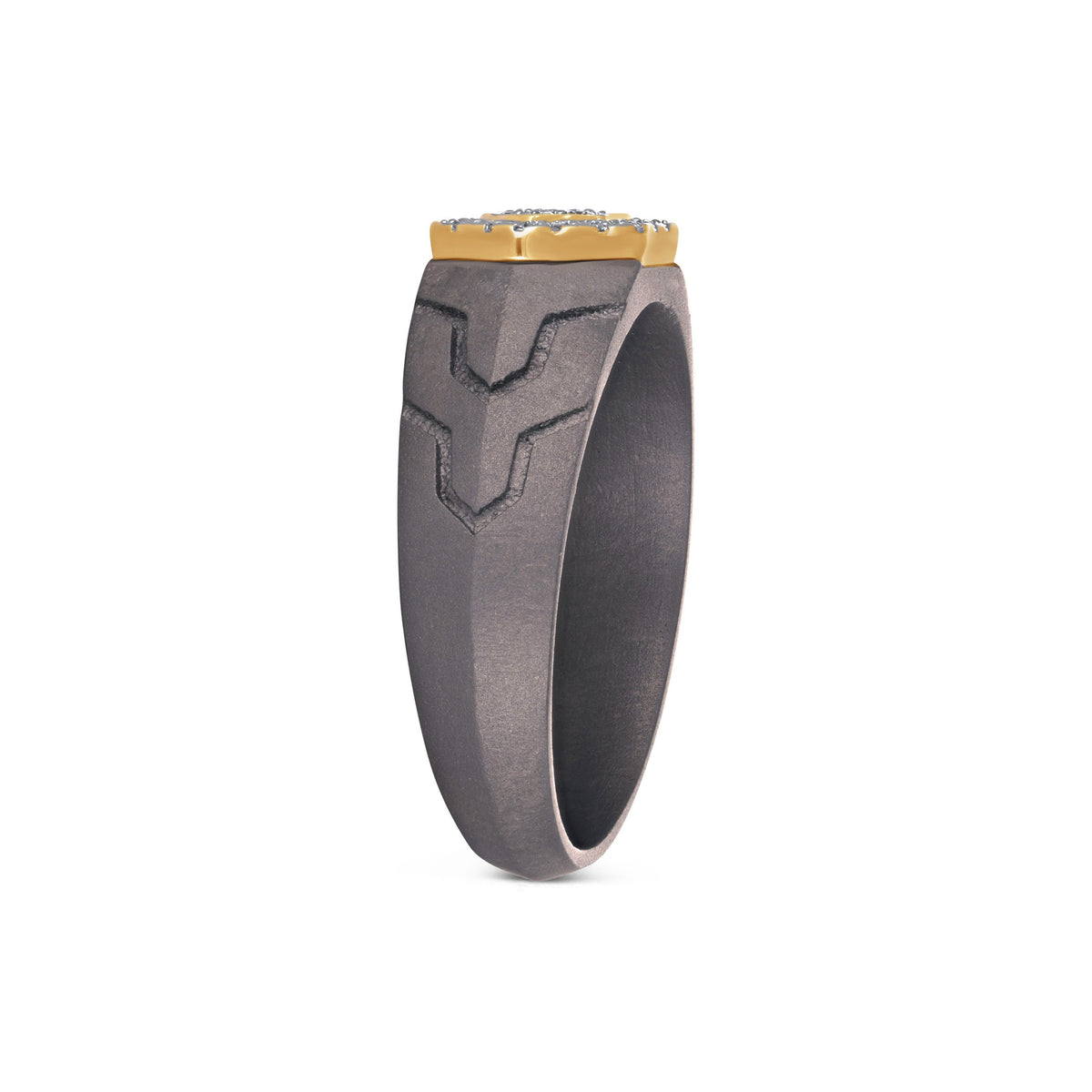 Men's hexagon pave moissanite geometric titanium ring in 10k gold with detailed gemstone settings, stylish jewelry by Kynora Jewels