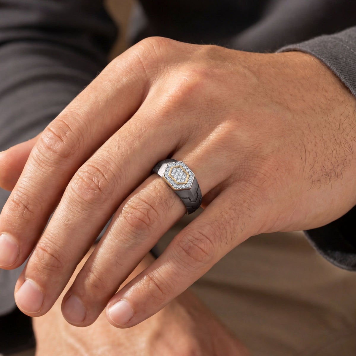Men's hexagon pave moissanite geometric ring in 10k gold and titanium, featuring sparkling stones and a modern geometric design.
