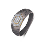 Men's titanium ring with hexagon pave moissanite geometric design in 10k gold and titanium, featuring a modern, intricate pattern.