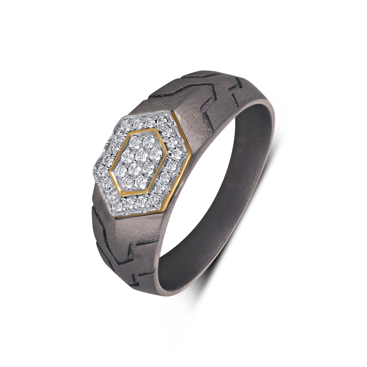 Men's titanium ring with hexagon pave moissanite geometric design in 10k gold and titanium, featuring a modern, intricate pattern.