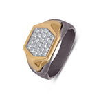 Men's hexagon pave moissanite ring in 10k yellow gold and titanium, featuring a modern geometric design with sparkling gemstones.