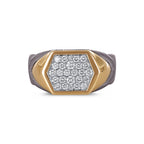 Men's hexagon pave moissanite ring in 10k yellow gold and titanium, featuring a detailed hexagonal design and sparkling stones.