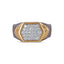 Men's hexagon pave moissanite ring in 10k yellow gold and titanium, featuring a detailed hexagonal design and sparkling stones.