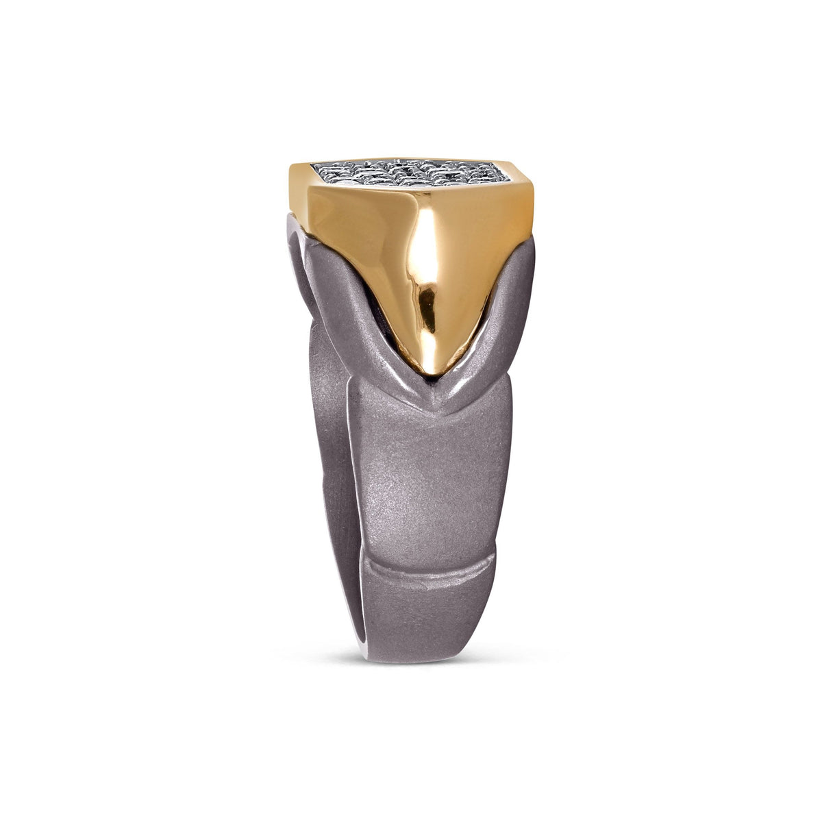 Men's hexagon pave moissanite ring in 10k yellow gold and titanium, featuring a detailed geometric design.