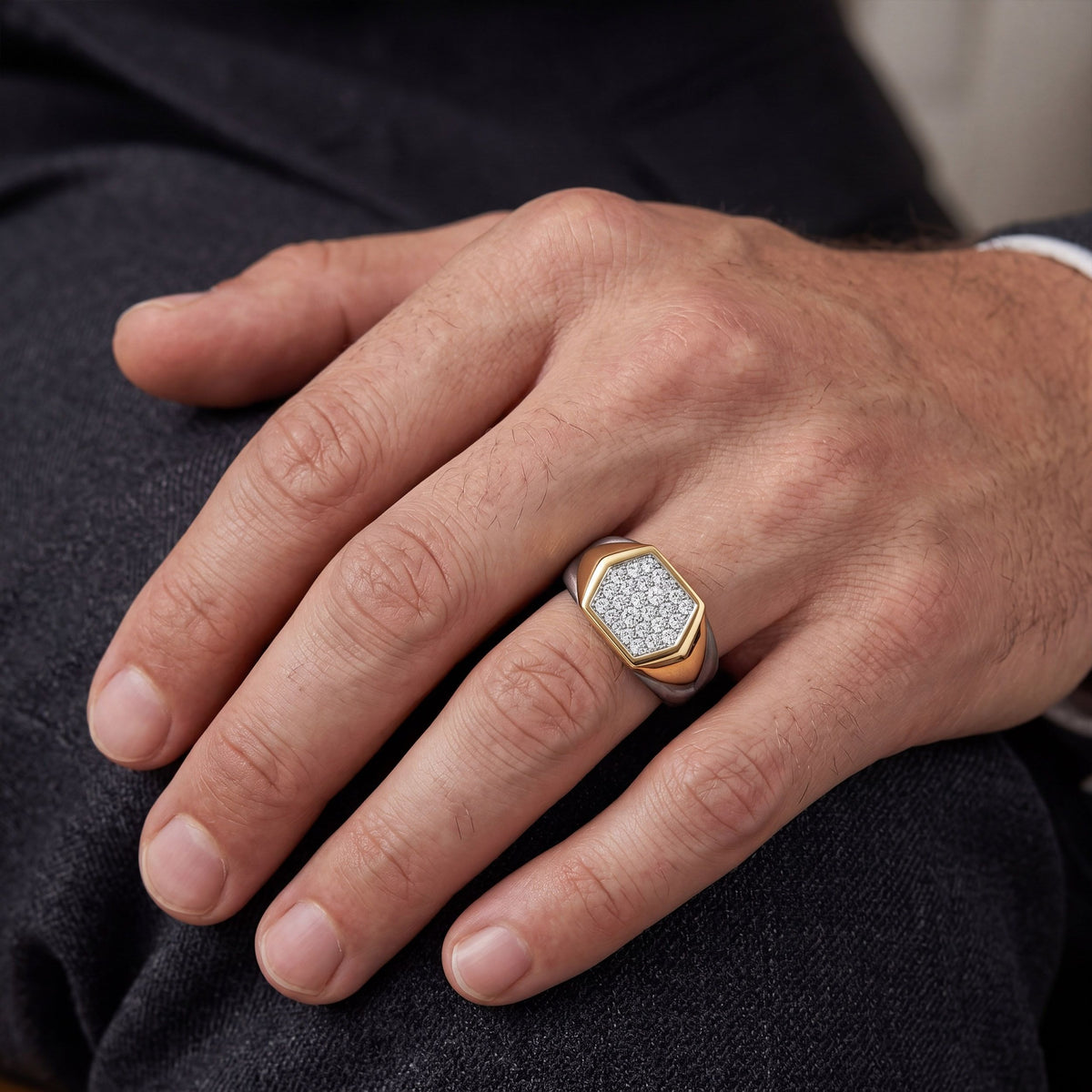 Men's hexagon pave moissanite titanium ring in 10k yellow gold, featuring sparkling stones and modern geometric design.
