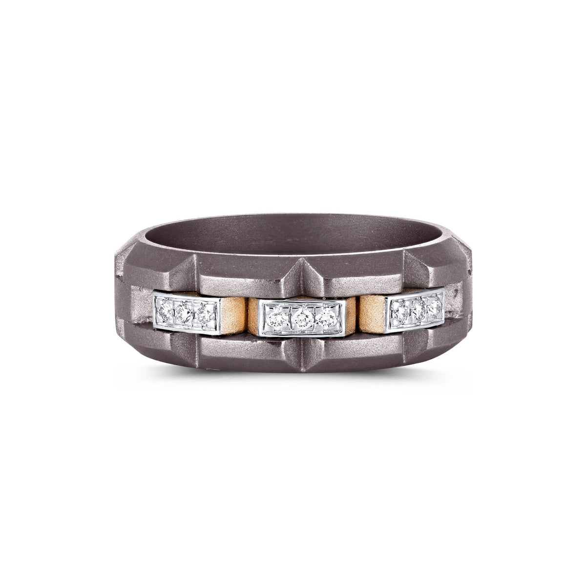 Men's Moissanite station band ring in 10k yellow gold and titanium, featuring sparkling moissanite stones on a sleek titanium band. Main image