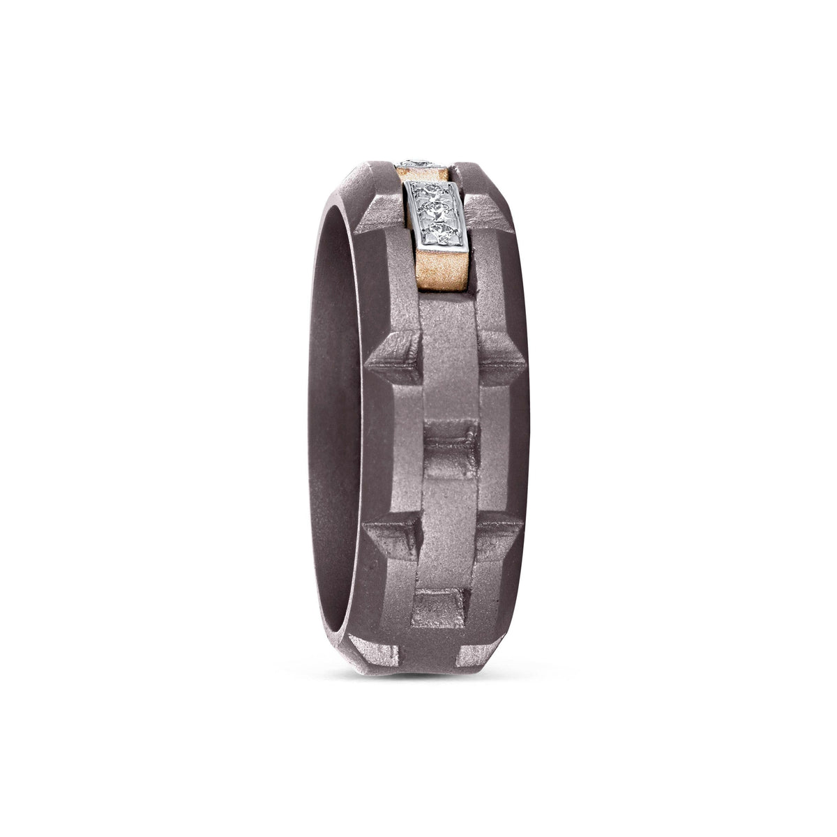 Men's moissanite station band ring in 10k yellow gold and titanium with a sleek design, showcasing the Kynora Jewels logo.