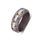 Men's Moissanite station band titanium ring in 10k yellow gold and titanium, showcasing a sleek, polished design with sparkling moissanite accents.