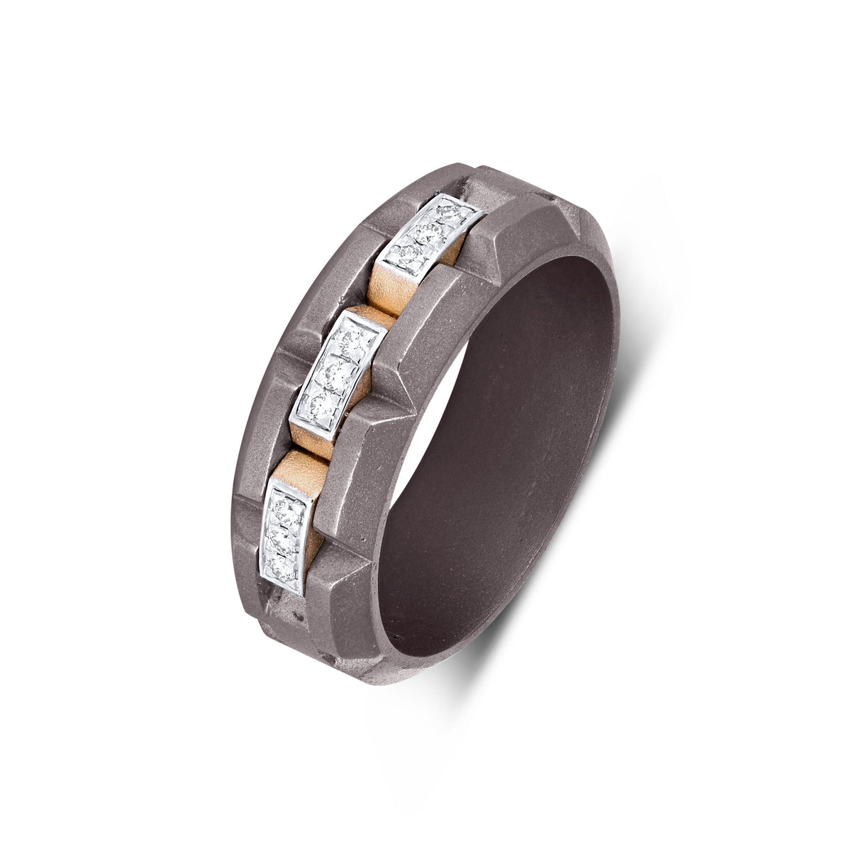 Men's Moissanite station band titanium ring in 10k yellow gold and titanium, showcasing a sleek, polished design with sparkling moissanite accents.