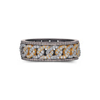 Men's titanium ring with pave moissanite chain link design in 10k gold and titanium, showcasing intricate craftsmanship and sparkling stones.