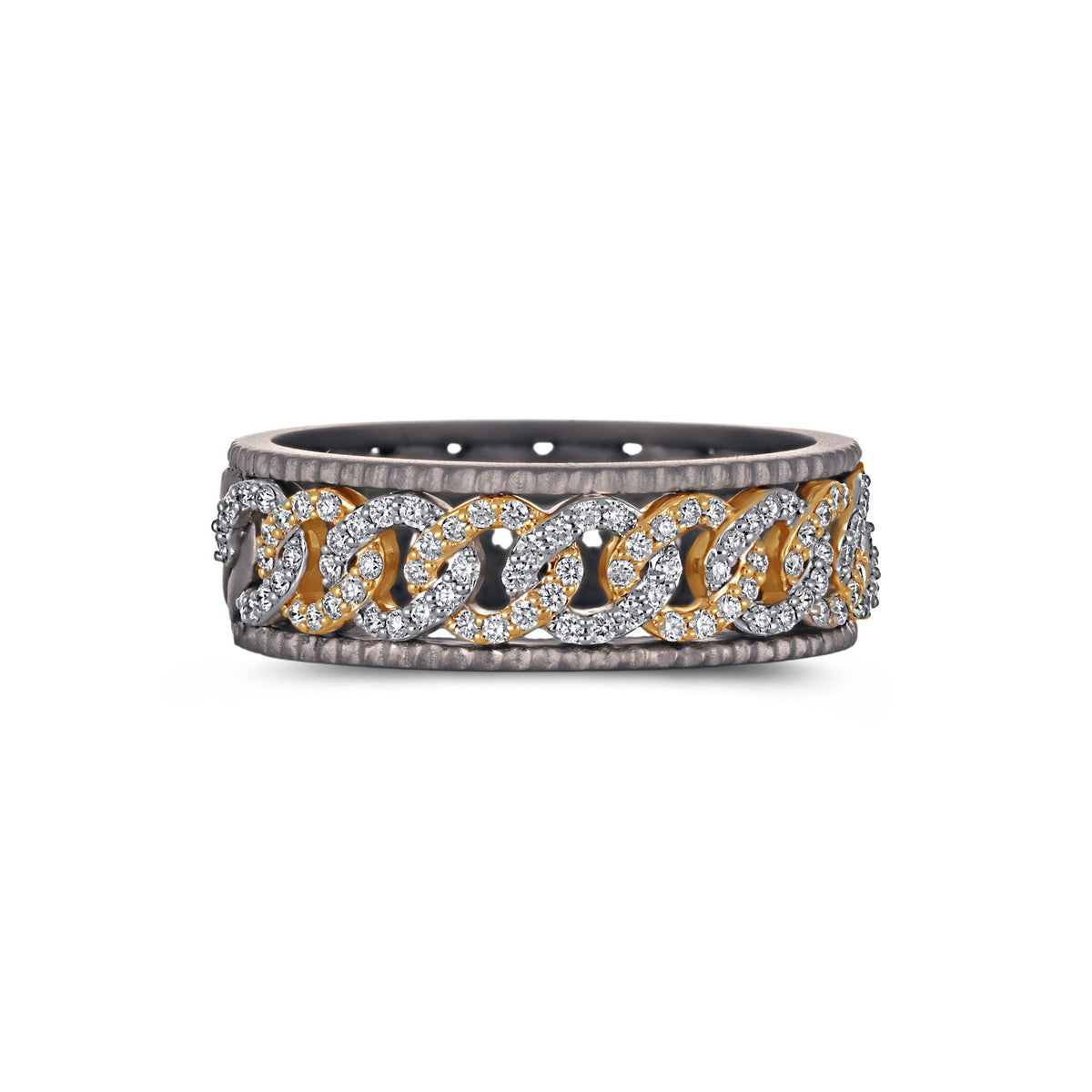 Men's titanium ring with pave moissanite chain link design in 10k gold and titanium, showcasing intricate craftsmanship and sparkling stones.