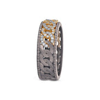 Men's titanium ring with pave moissanite and chain link design in 10k gold, featuring intricate detailing and a polished finish.