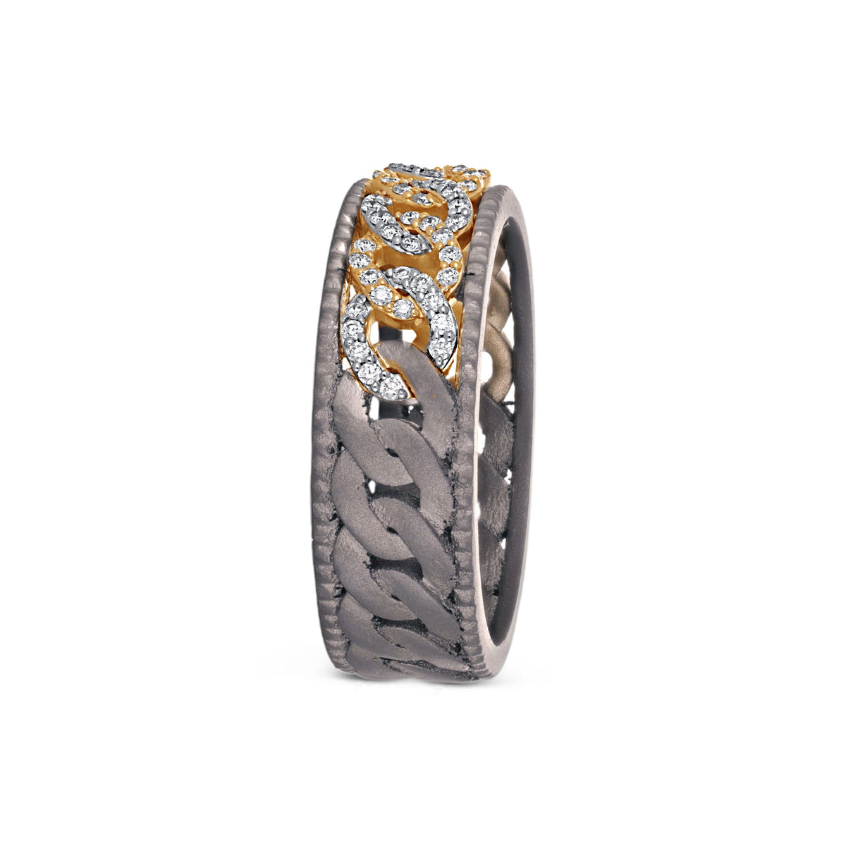 Men's titanium ring with pave moissanite and chain link design in 10k gold, featuring intricate detailing and a polished finish.