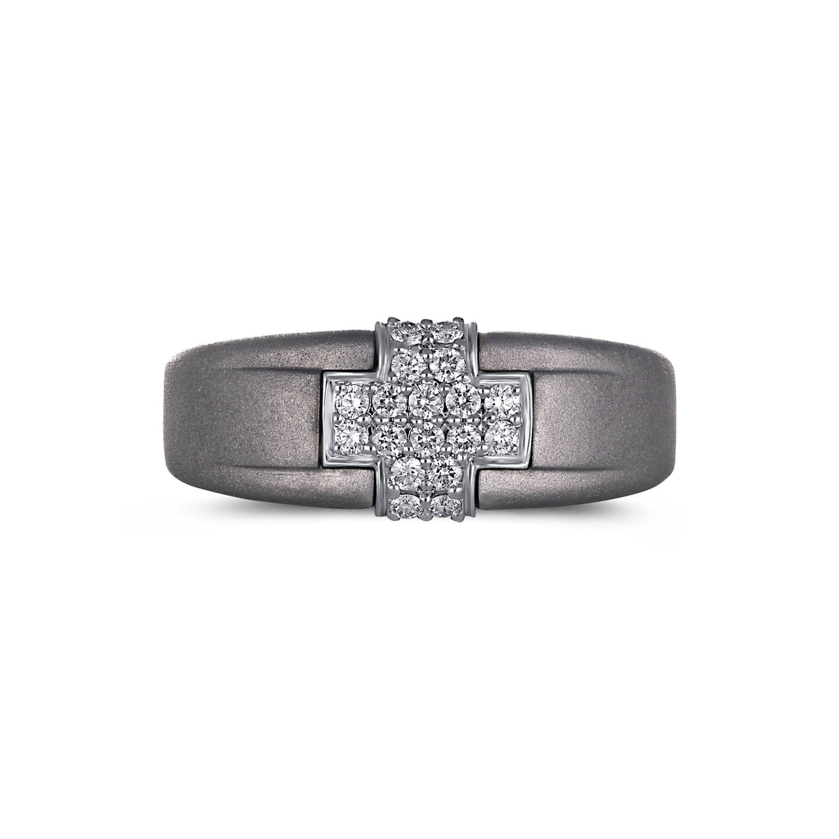 Men's titanium ring with pave moissanite cross band in 10k yellow gold, showcasing detailed design and craftsmanship. Main image