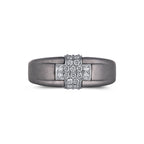 Men's titanium ring with pave moissanite cross band in 10k yellow gold, showcasing detailed design and craftsmanship.
