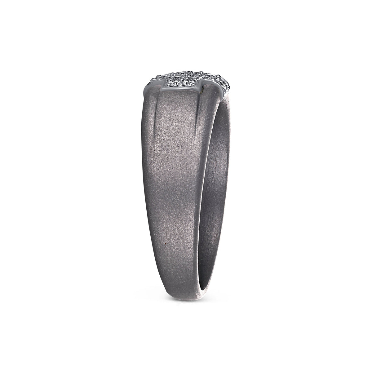 Men's titanium ring with pave moissanite cross design in 10k yellow gold, featuring intricate gemstone detailing from Kynora Jewels.