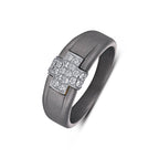 Men's titanium ring with pave moissanite cross design in 10k yellow gold, showcasing detailed craftsmanship and sparkling stones.