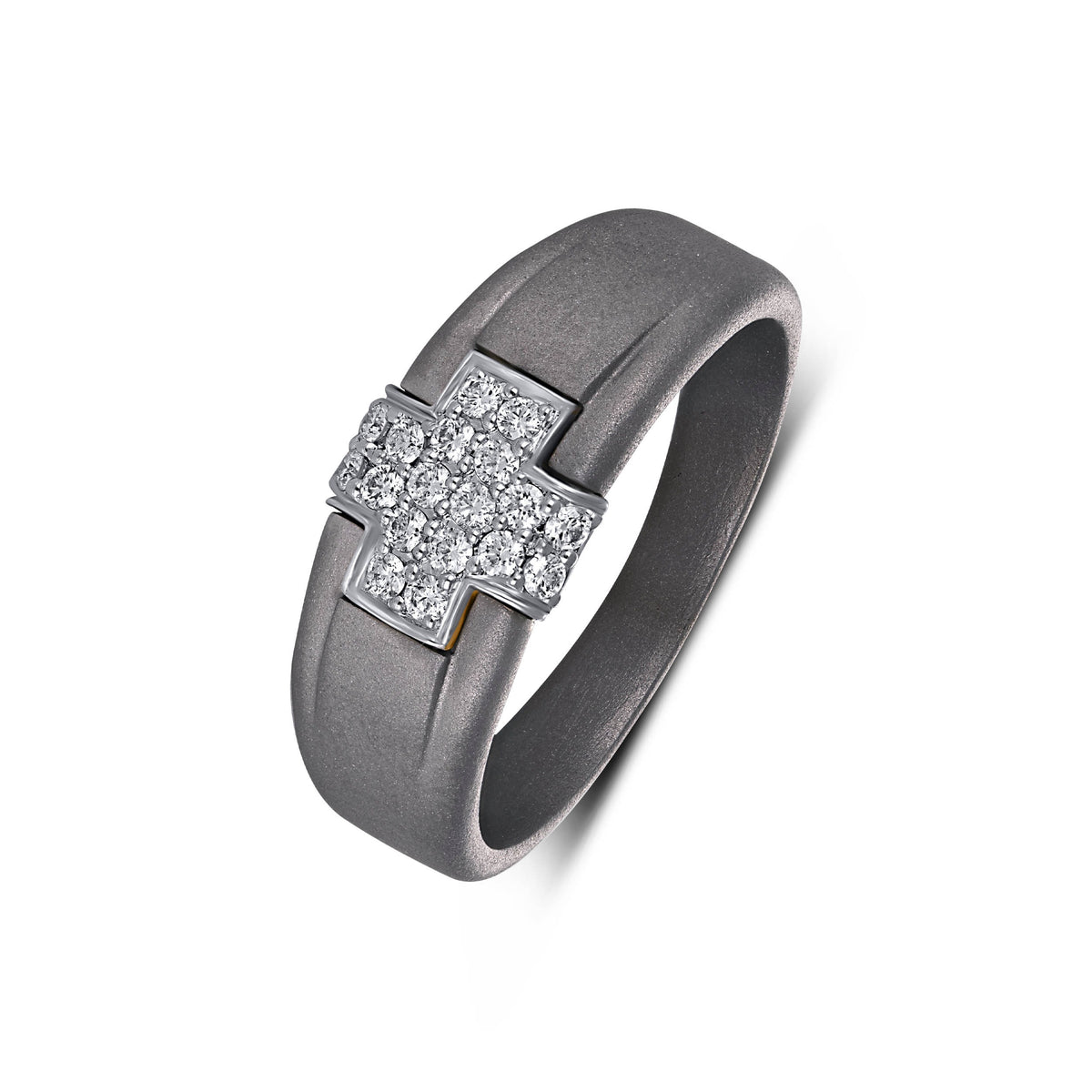 Men's titanium ring with pave moissanite cross design in 10k yellow gold, showcasing detailed craftsmanship and sparkling stones.