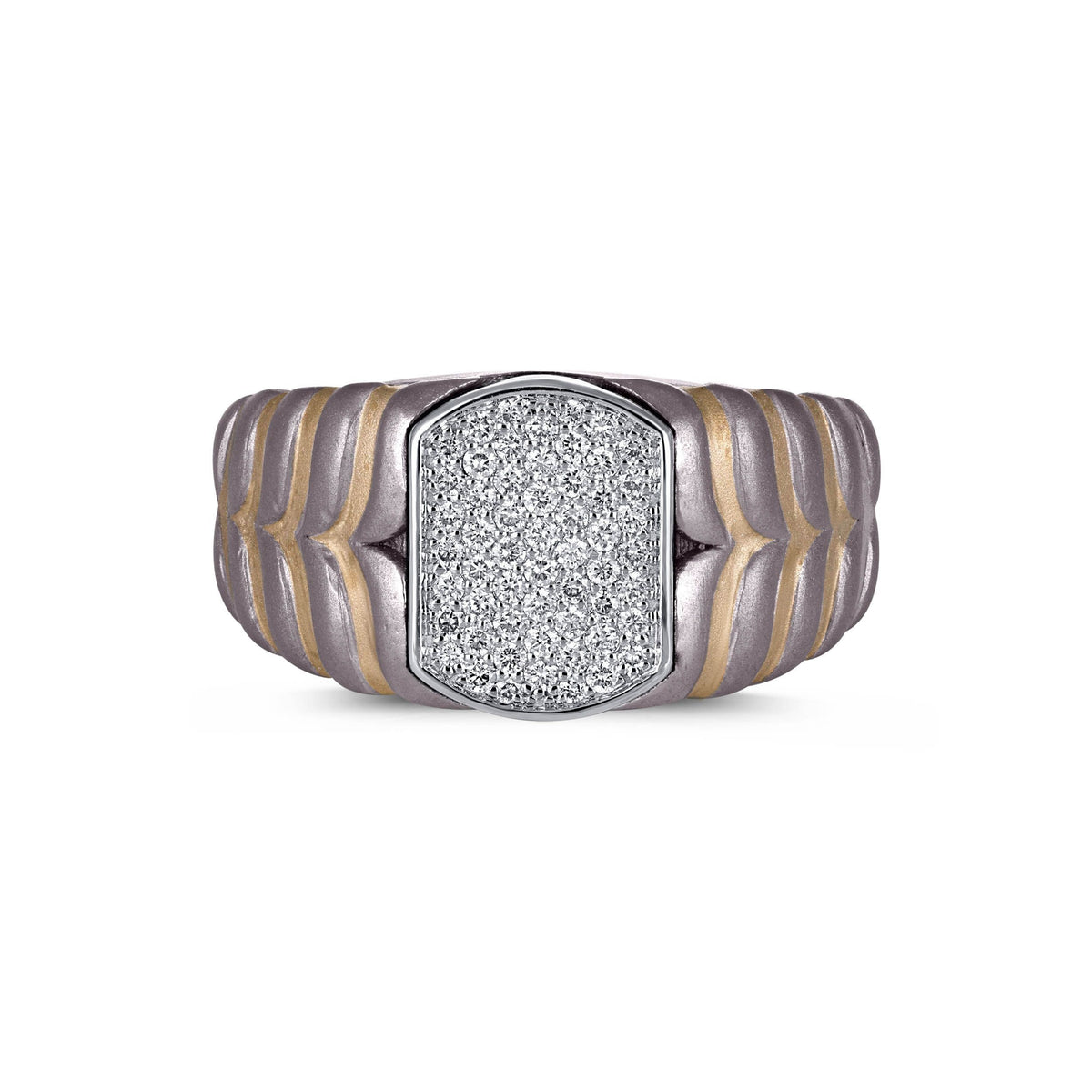 Men's two-tone titanium ring with pave moissanite accents in 10k yellow gold, featuring a sleek modern design by Kynora Jewels Main image