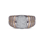 Men's two-tone titanium ring with pave moissanite accents in 10k yellow gold, featuring a sleek modern design by Kynora Jewels