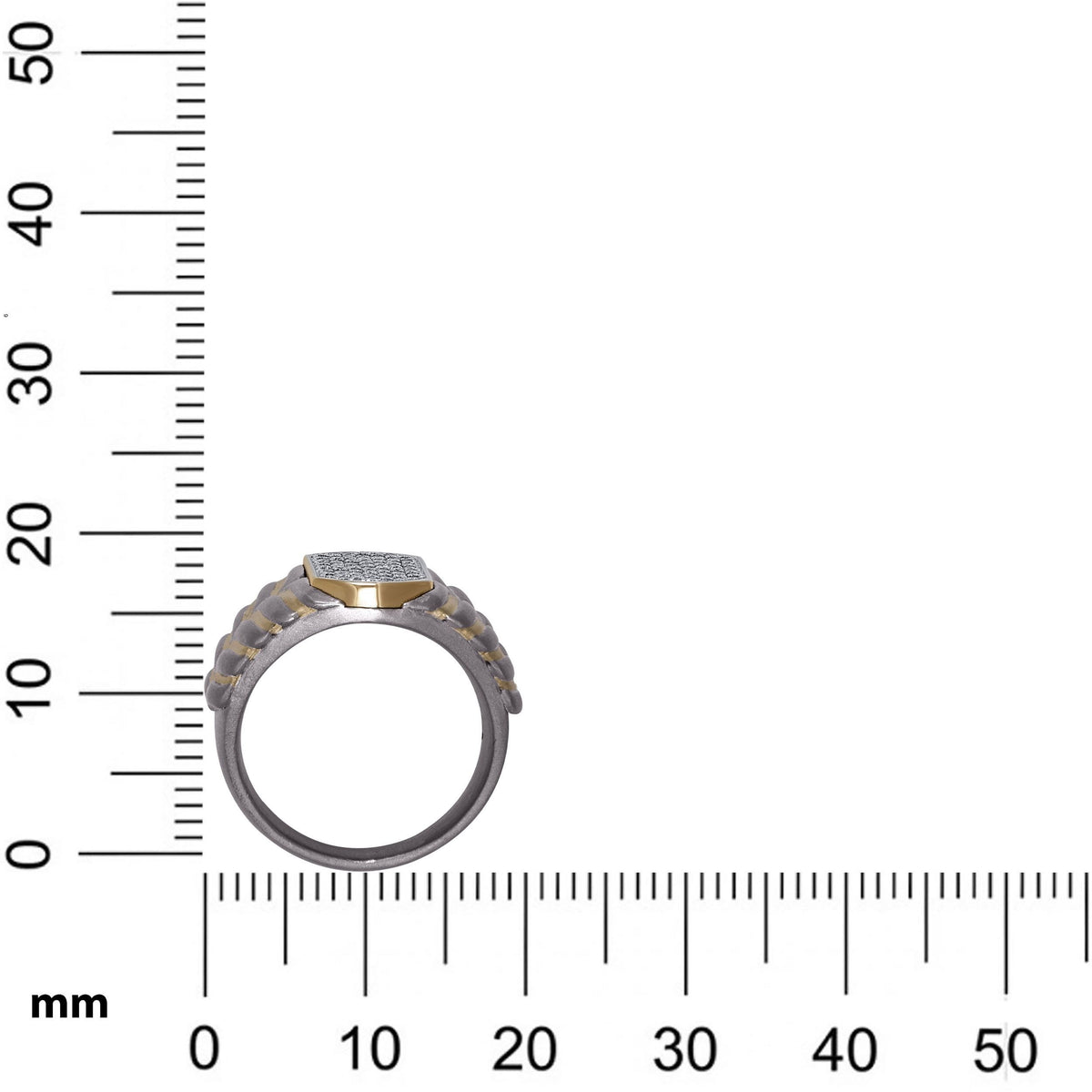 Men's two-tone moissanite titanium ring with 10k yellow gold and titanium band, featuring pave moissanite accents.