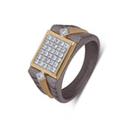Men's titanium ring with a rectangular moissanite cluster band in 10k yellow gold, showcasing elegant jewelry design.