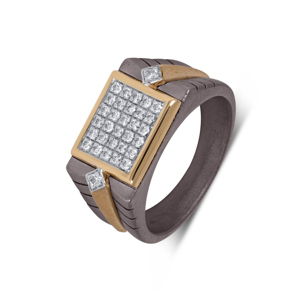 Men's titanium ring with a rectangular moissanite cluster band in 10k yellow gold, showcasing elegant jewelry design.