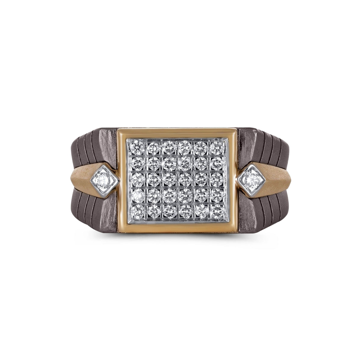 Men's rectangular moissanite cluster band ring in 10k yellow gold and titanium, featuring a detailed design and sparkling stones. Main image