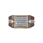 Men's rectangular moissanite cluster band ring in 10k yellow gold and titanium, featuring a detailed design and sparkling stones.
