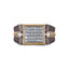 Men's rectangular moissanite cluster band ring in 10k yellow gold and titanium, featuring a detailed design and sparkling stones.