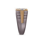 Men’s rectangular moissanite cluster band in 10k yellow gold and titanium, showcasing a sleek, modern design with sparkling stones.