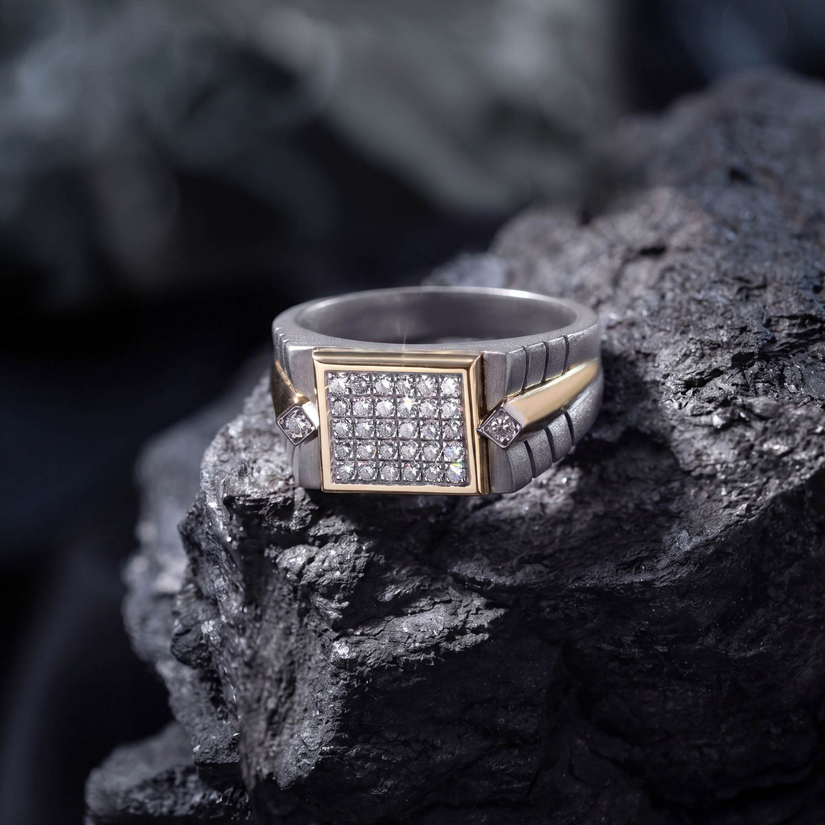Men's rectangular moissanite cluster band ring in 10k yellow gold and titanium, featuring a modern design from Kynora Jewels.