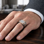 Men's rectangular moissanite cluster band titanium ring in 10k yellow gold and titanium, showcasing the detailed cluster design.