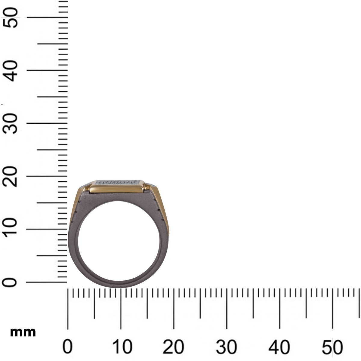 Men's rectangular moissanite cluster band ring in 10k yellow gold and titanium with intricate details and a polished finish.