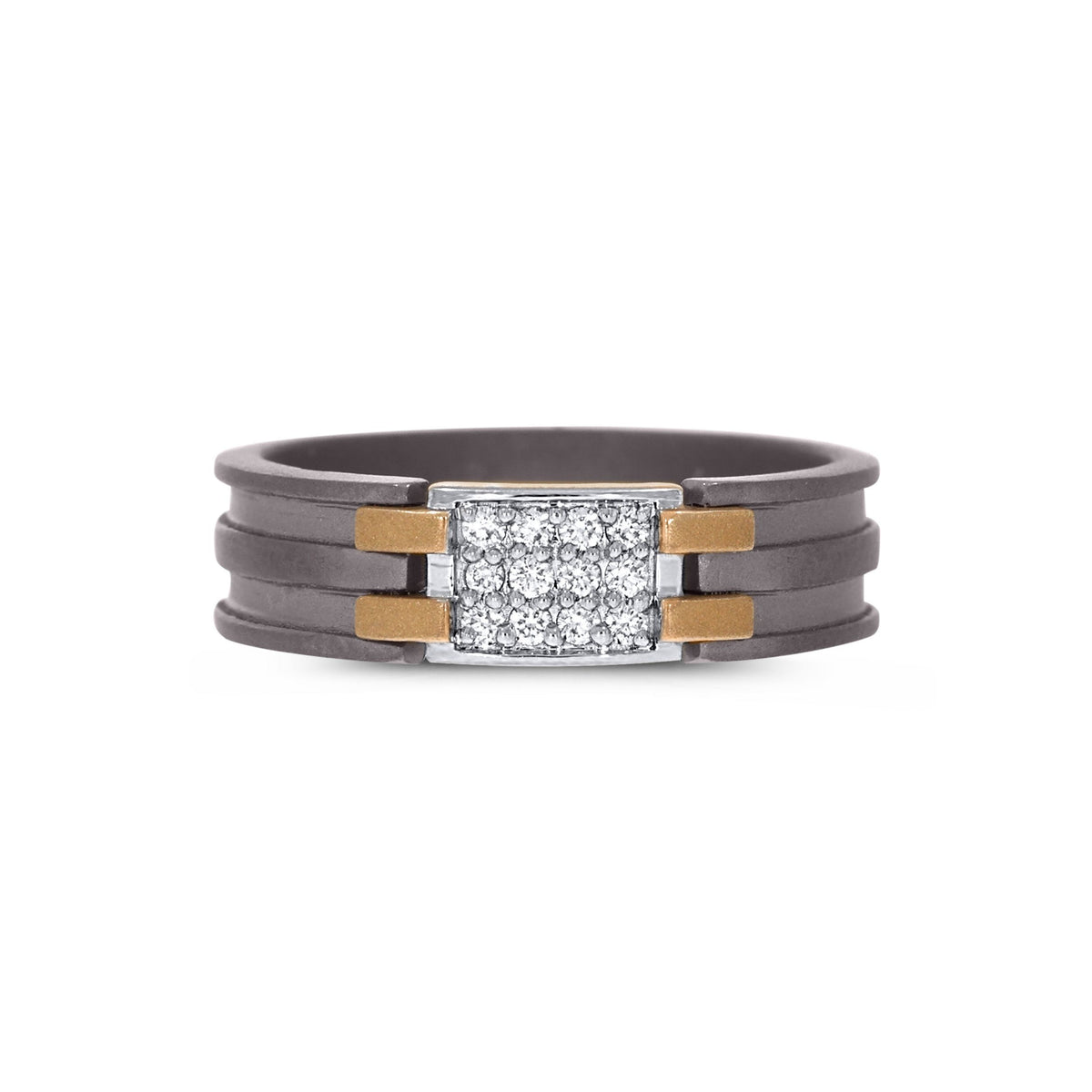 Men's rectangular pave moissanite grooved titanium ring in 10k gold and titanium, featuring a sleek, modern design.