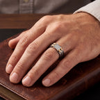Men's rectangular pave moissanite grooved titanium ring in 10k gold from Kynora Jewels, showcasing detailed band design.