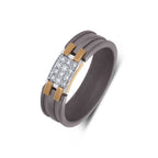 Men's rectangular pave moissanite grooved band titanium ring in 10k gold and titanium, showcasing detailed design and shiny finish.